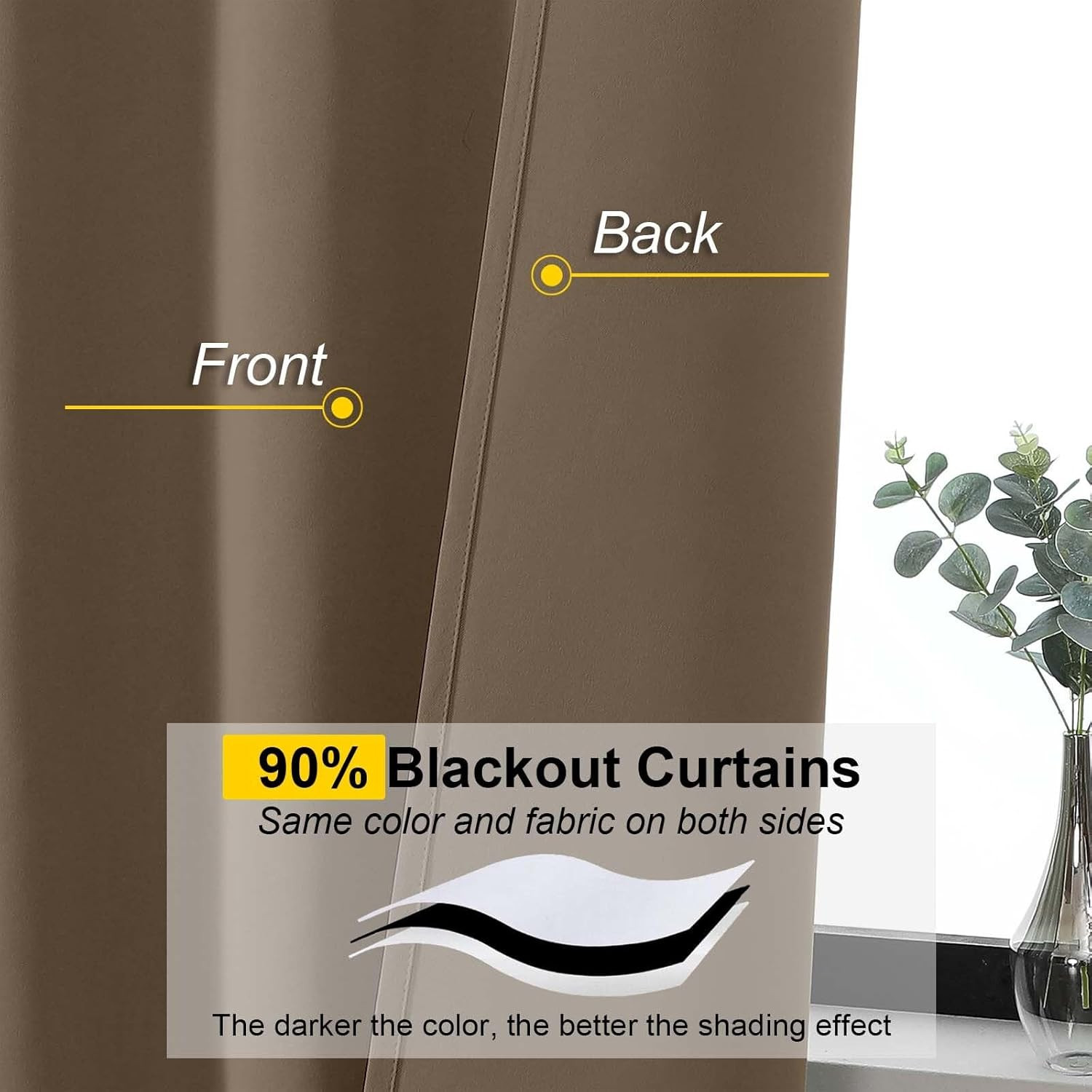 Brown Cafe Blackout Curtains 36 Inch Length 2 Panels Set, Soft Solid Thermal Ins