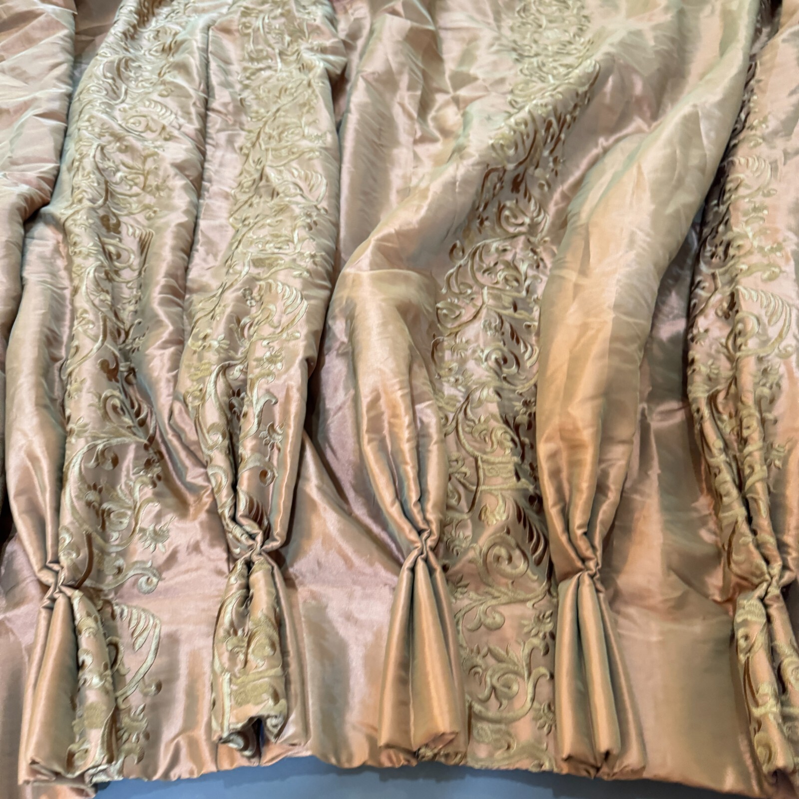 custom pinch pleat drape curtain panel brown damask floral beaded edge