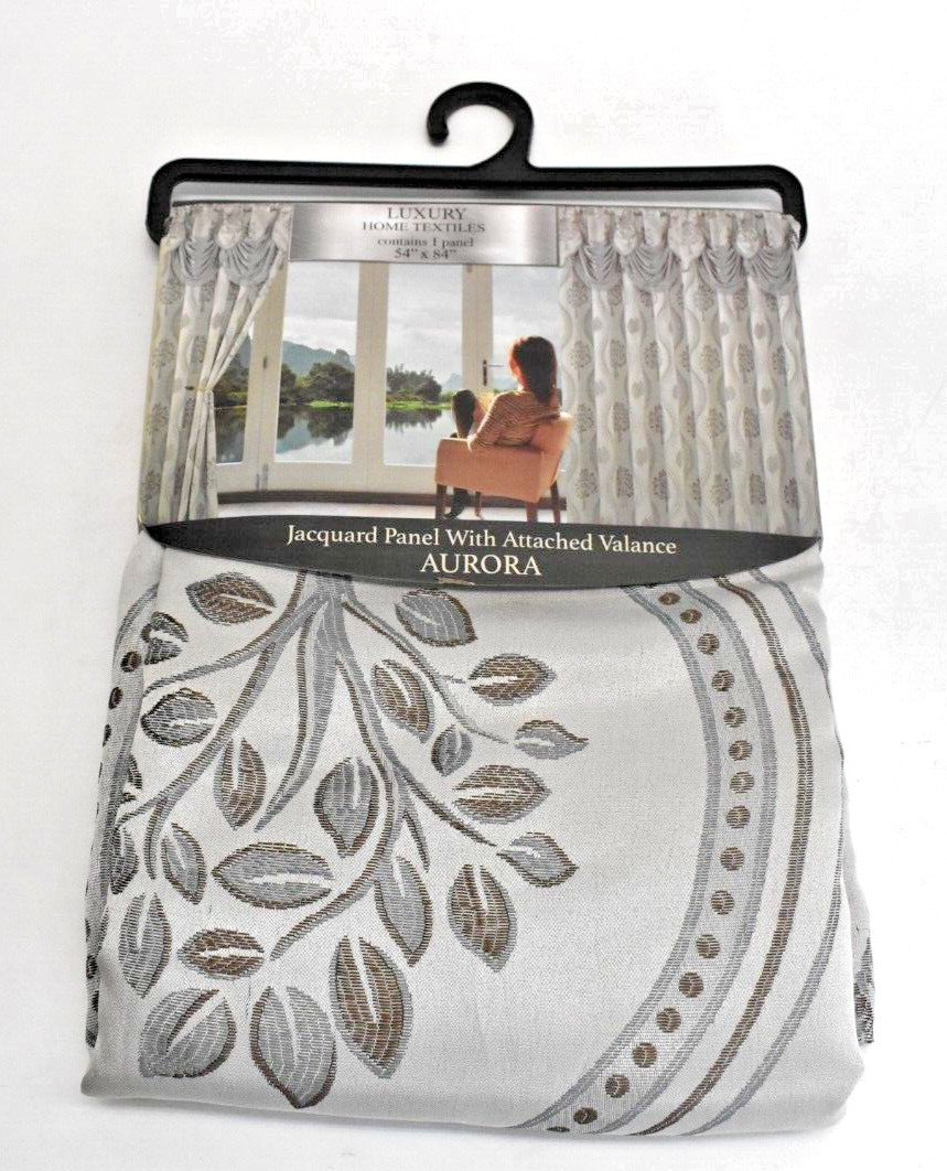 Aurora Tree Leaf Jacquard Window Panel With Attached Valance Silver 54″ x 84″