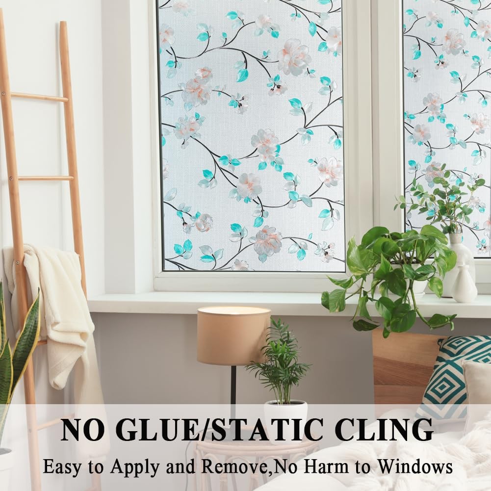 Decorative Window Film Flower, Static Cling Glass Door Privacy Film Non-Adhes…