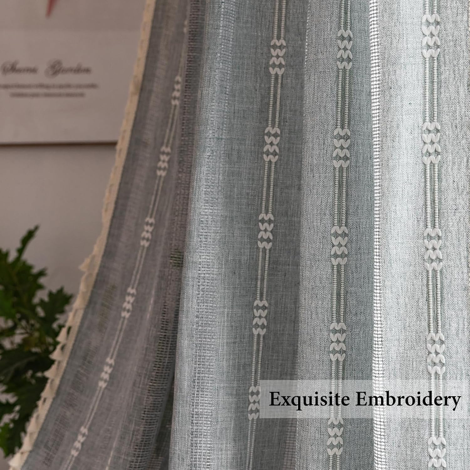 Boho Linen Curtains Set – 63″ 84″ 96″ Light Filtering Embroidery, Blue