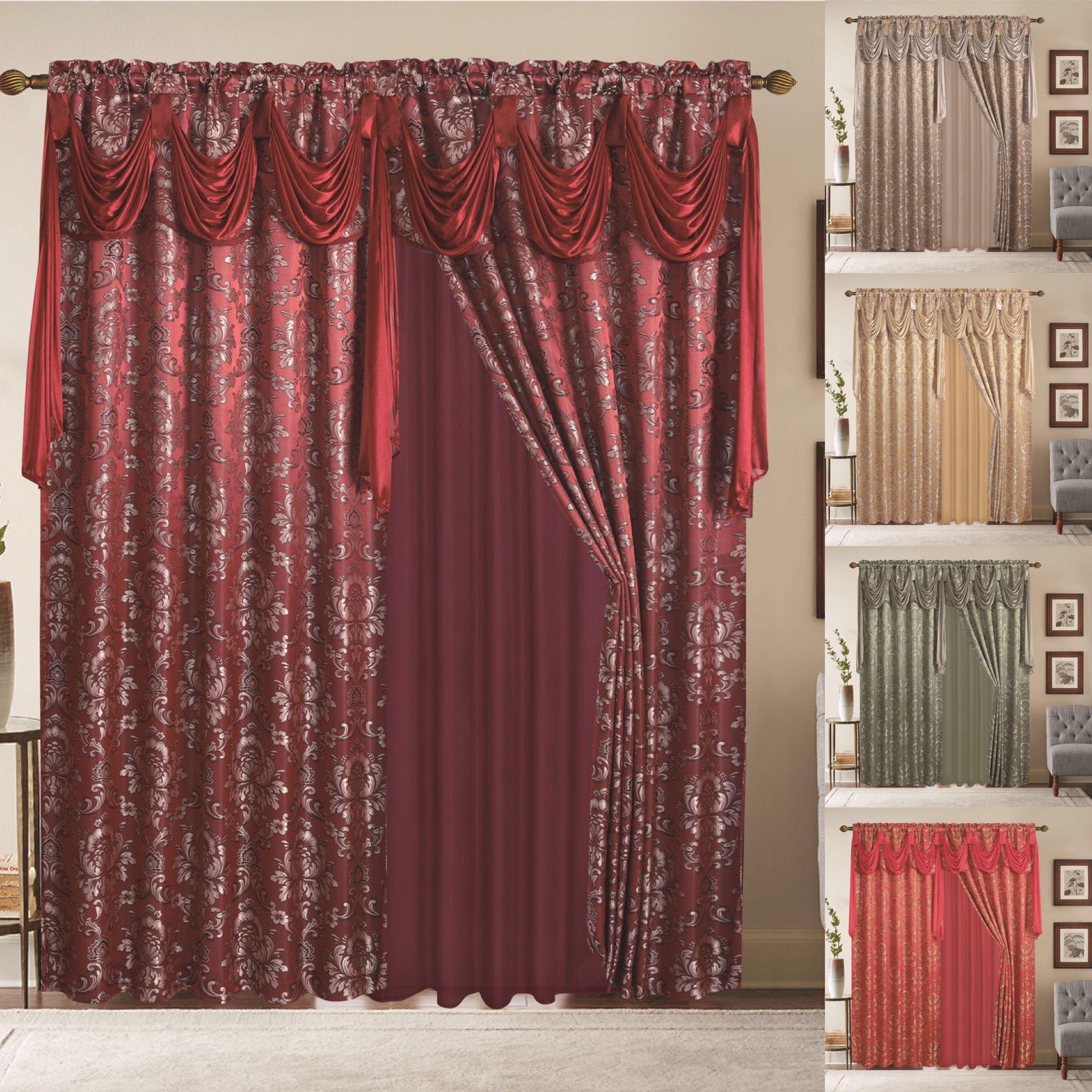 Window Curtains 2 Panel Set Luxury Red Burgundy With Valance and Sheer