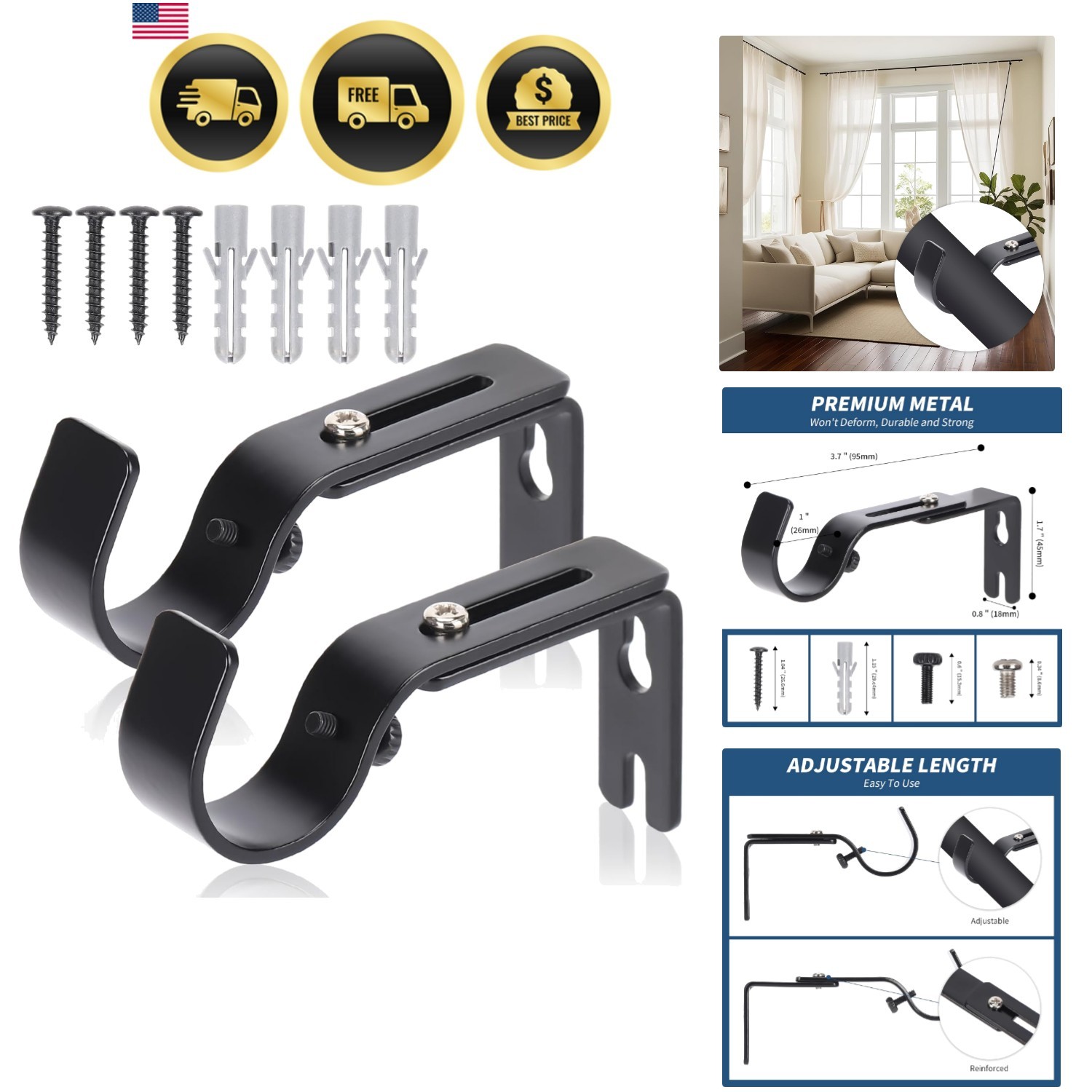 Curtain Rod Brackets for Wall – Adjustable Hooks, Iron Holders for 1 Inch Rod…