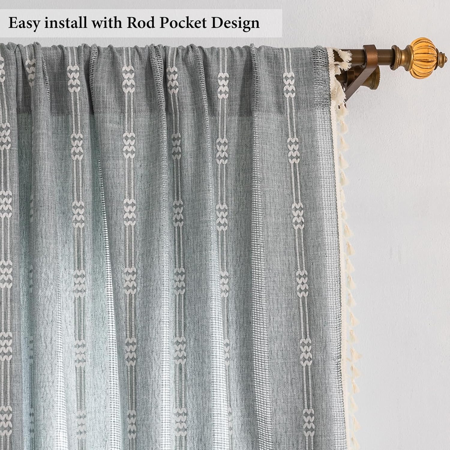 Boho Linen Curtains Set – 63″ 84″ 96″ Light Filtering Embroidery, Blue