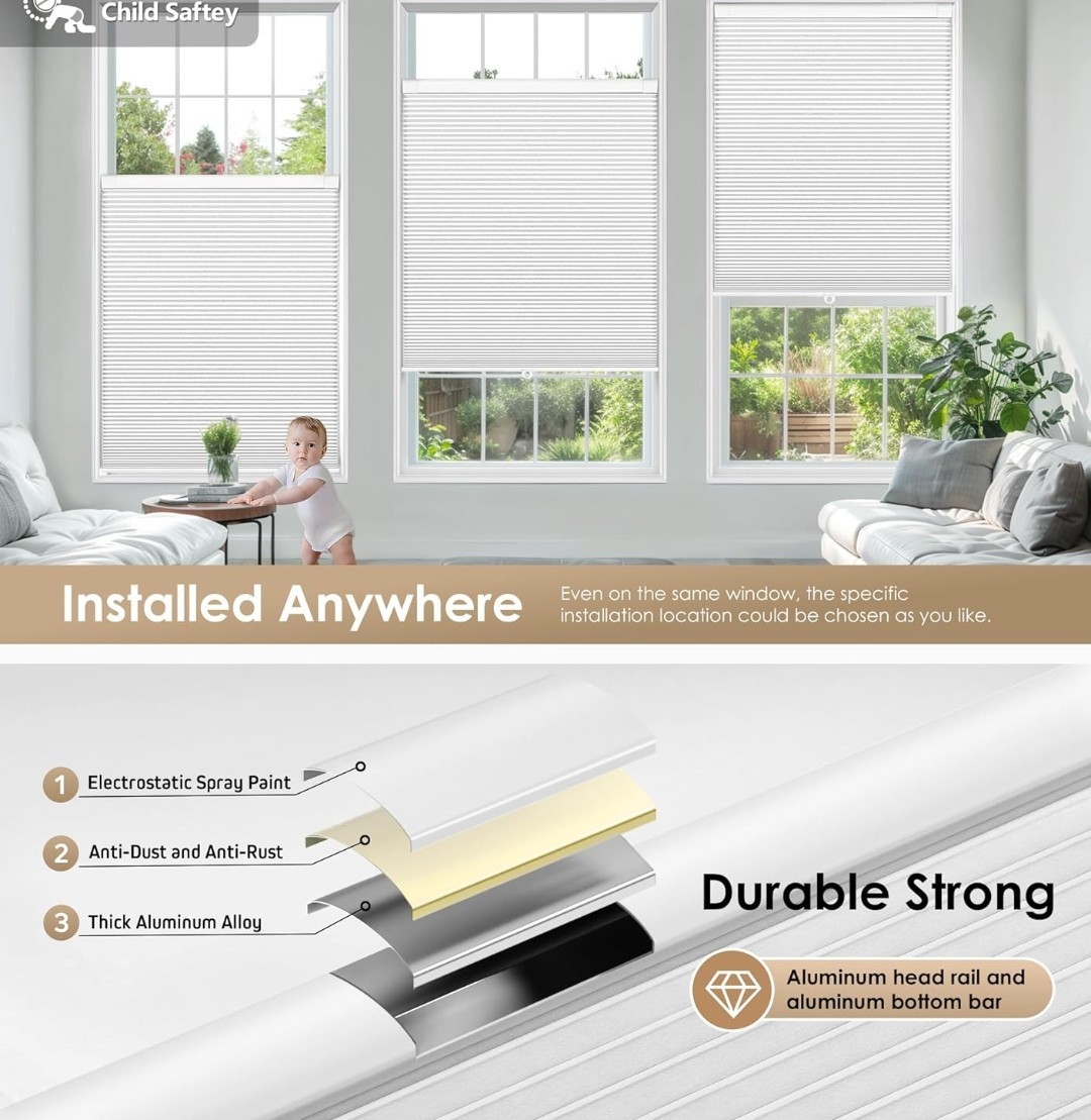 Lazblinds No Drill Cellular Shades, 41″ W x 64″ H, White