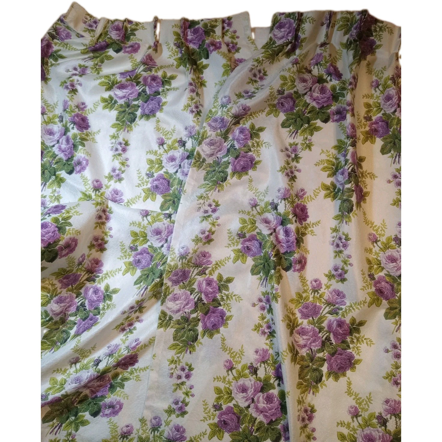 VTG Mid Century Curtains Pinch Pleat Romantic Purple Roses MCM Light Weight