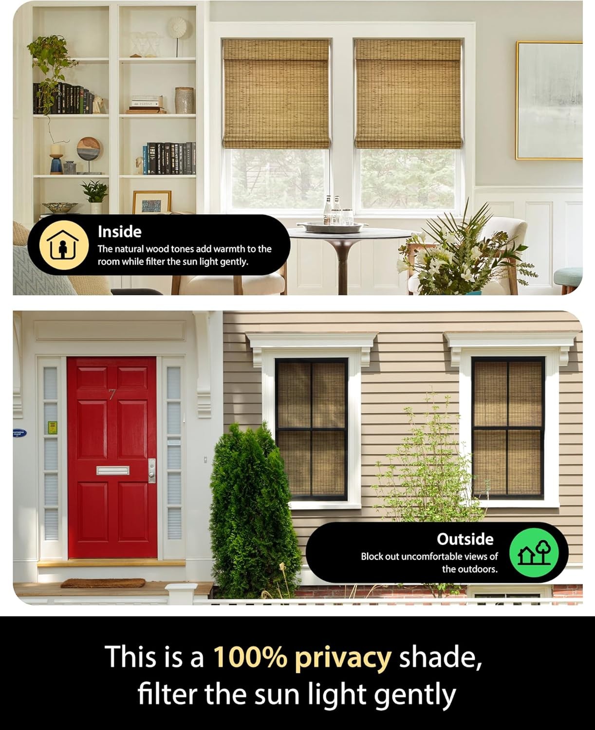 Cordless bamboo Roman blind,suitable for windows ,36 wide x 64 inches high