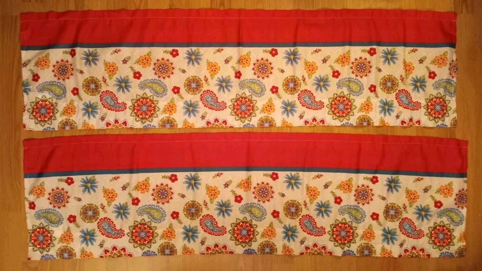 2 Paisley Floral Valances Boho Hippie 70s Vibe Cottage Red Blue Orange 53X14