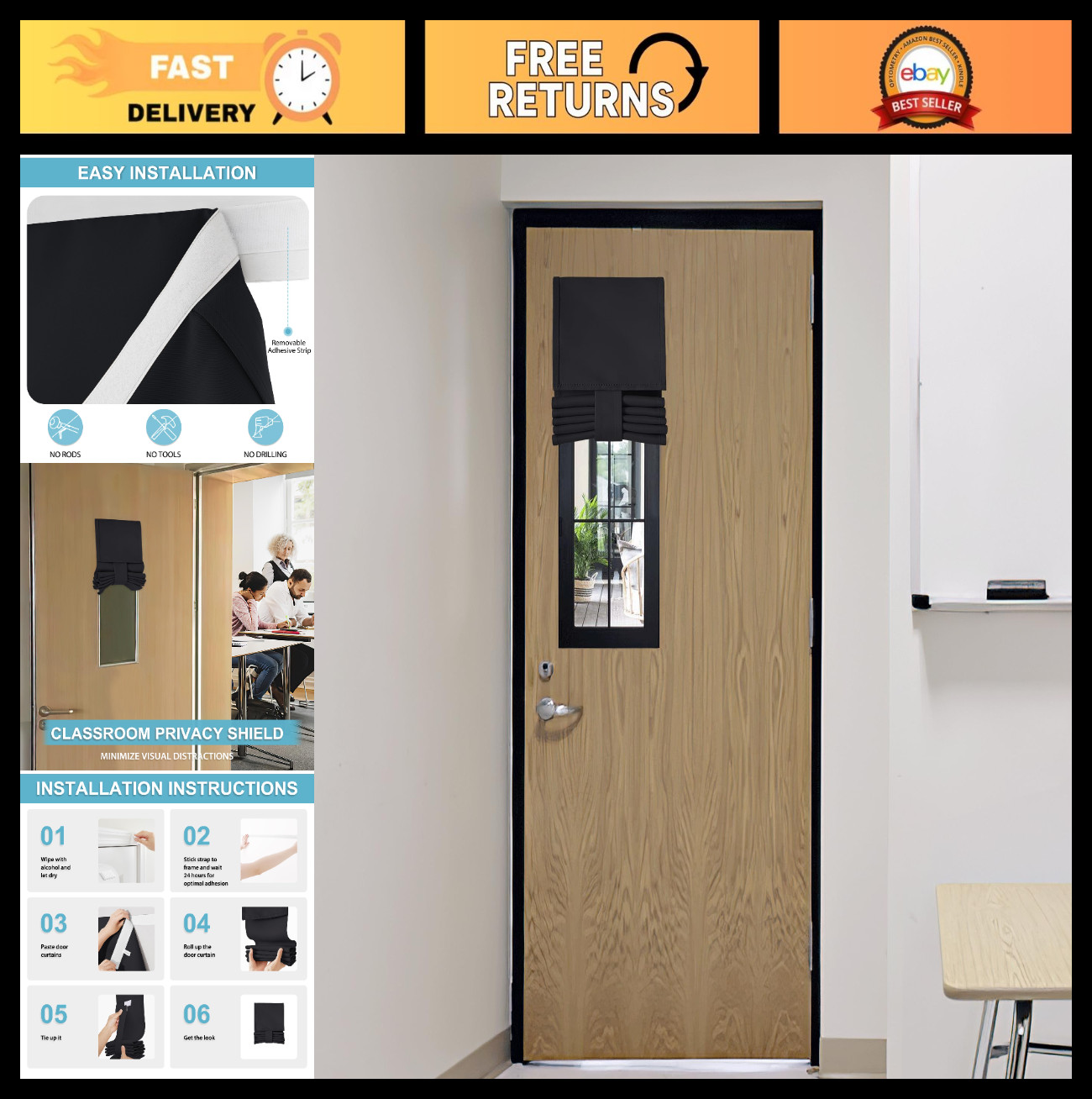 Blackout Window Cover for Classroom, Room Darkening Shades, No Drill Stick-On Bl