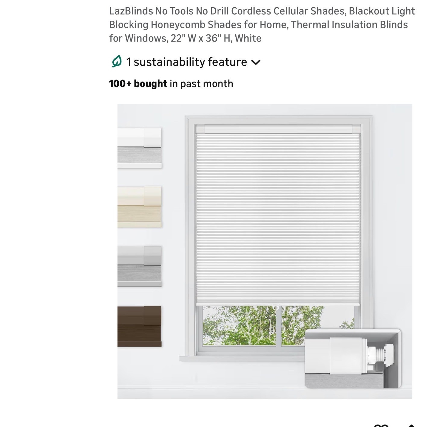 Lazylinds No Drill Cordless Blackout Light Blocking Honeycomb Shade 22×36 White