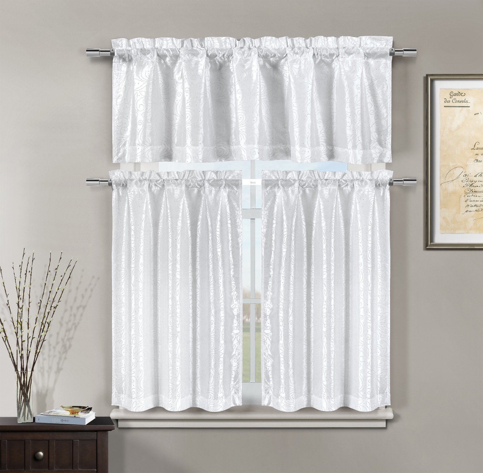 Minka Faux Silk White Kitchen Window Curtain 3 piece Set Valance & Tiers