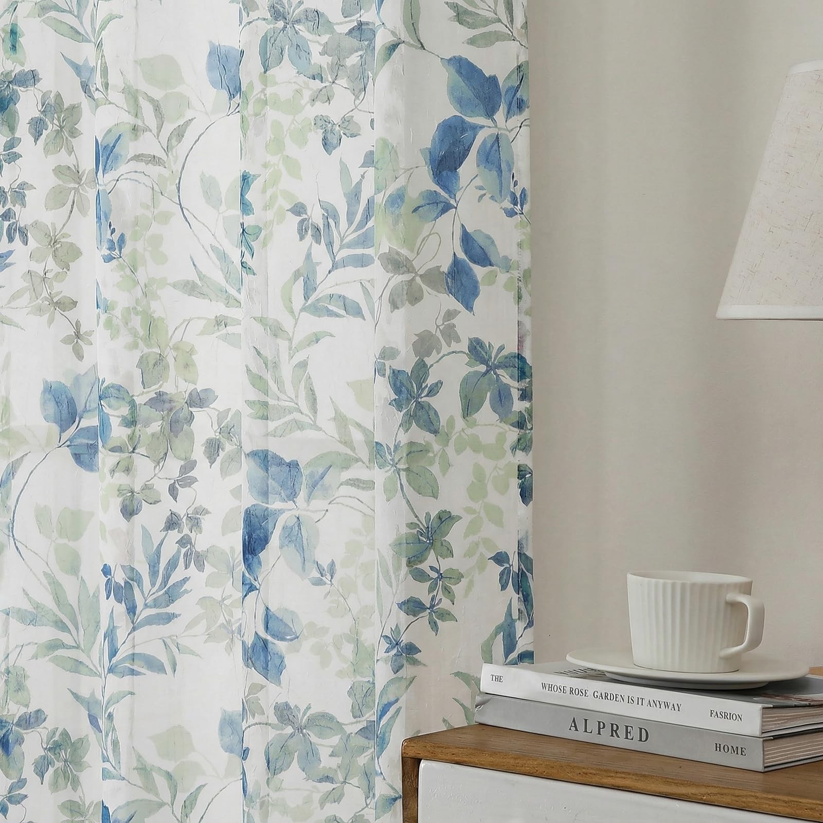 Curtains 63 Inch Length 2 Panels Set, Sheer Floral Curtians with Printed Leaves.