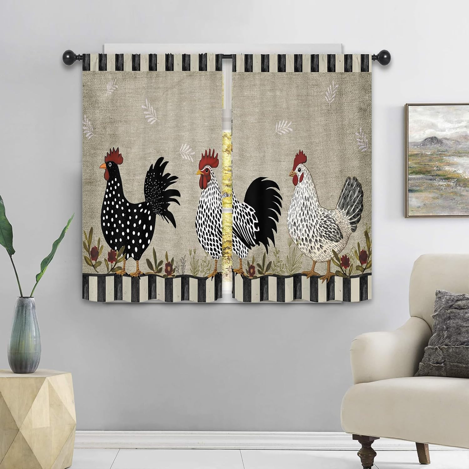 Rustic Farmhouse Rooster Kitchen Curtains 27.5W X 39L Inch Chicken Farm Country