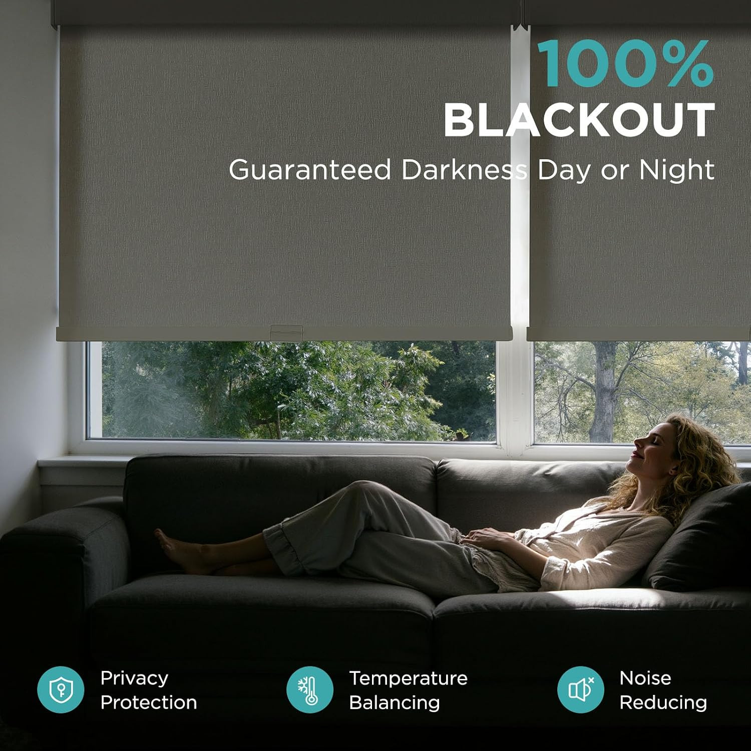 Cordless Blackout Roller Shades, Premium Woven Fabric Blinds for Indoor Windows,