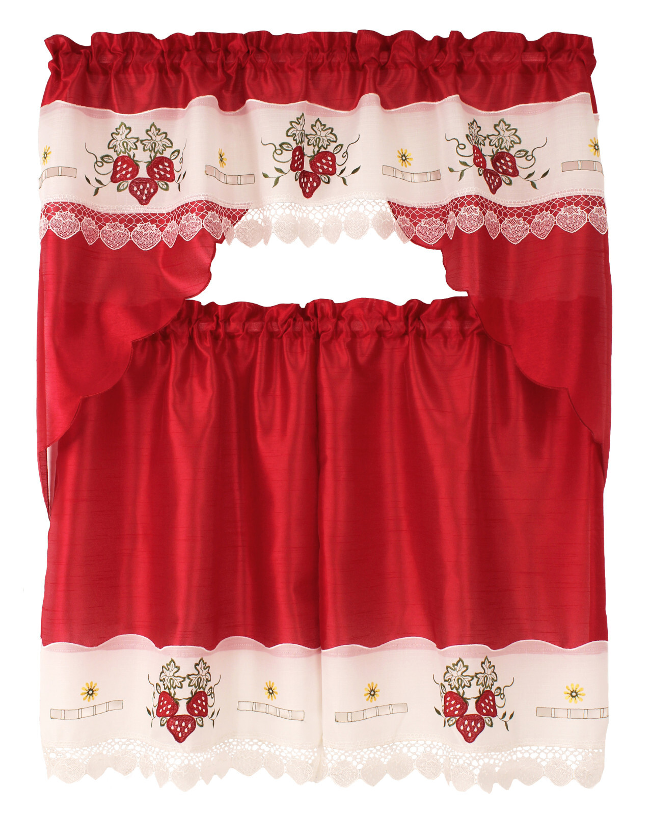 Strawberry Macrame Embroidery Design Kitchen Curtain w Swag and Tier Set 36 inch