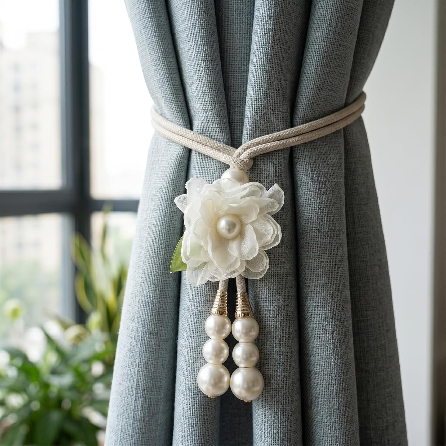 Adjustable Curtain Tiebacks， 4Pcs(2Pair) Hand-Woven Rope with Silk Flower & Pear
