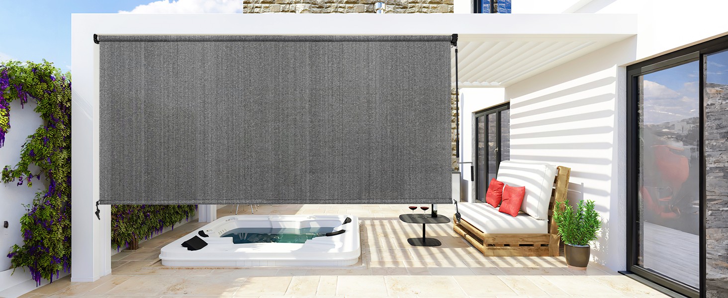 Outdoor Roller Shade 10′ W x 8′ H, Gray Exterior Cordless Patio Shades Roll Up