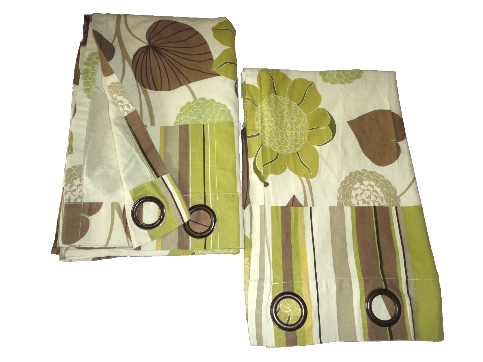 PIER 1 IMPORTS DELILAH GREEN BROWN FLORAL LEAVES STRIPE (2) PANELS CURTAIN 53X83