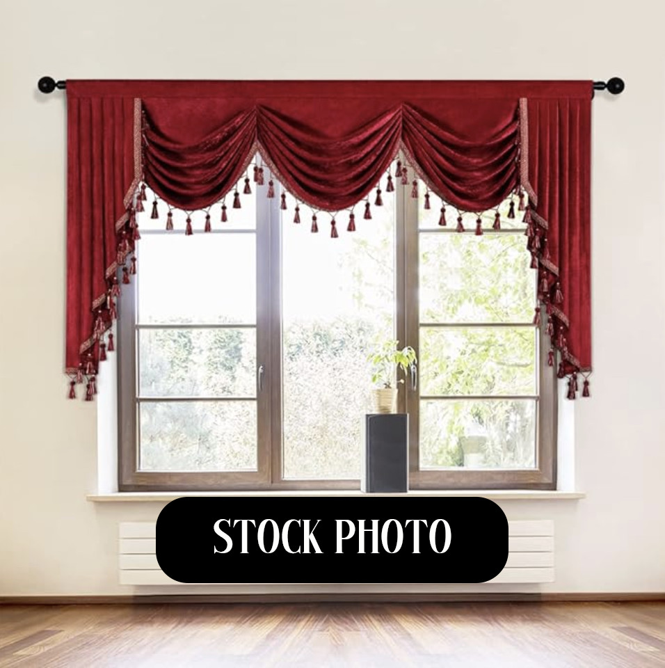 98″W – Thick Burgundy Chenille Waterfall Window Curtain Valance