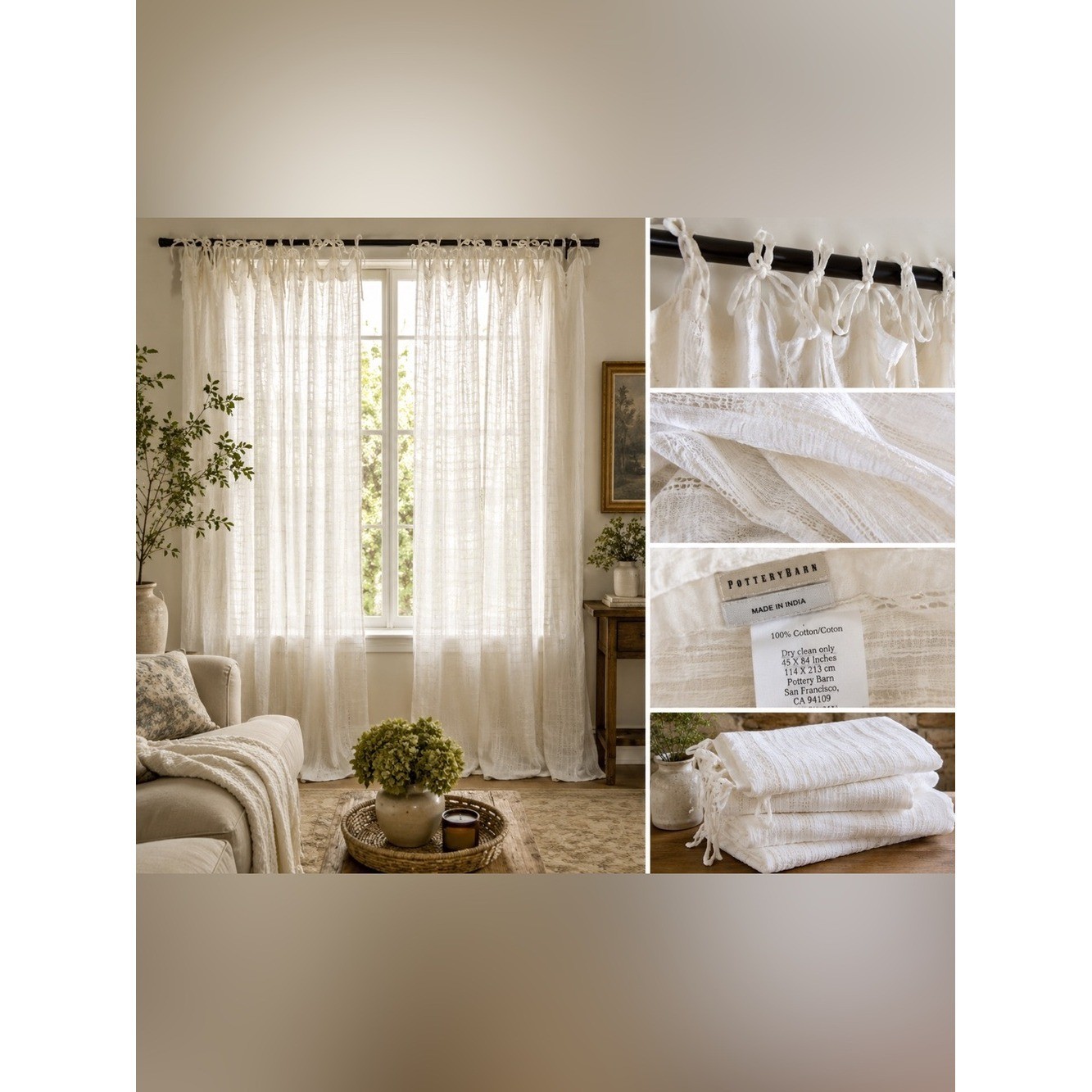 Pottery Barn Set of 4 White Tie Top Sheer Cotton Curtain Panels 45×84