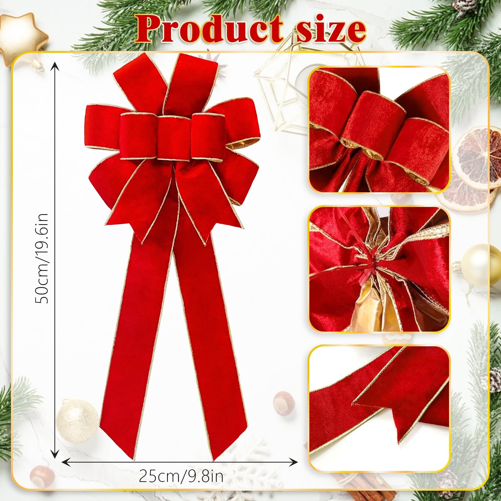 Red Velvet Christmas Bows with Gift Box, Gold Wired Red Bows for Wreath Flora