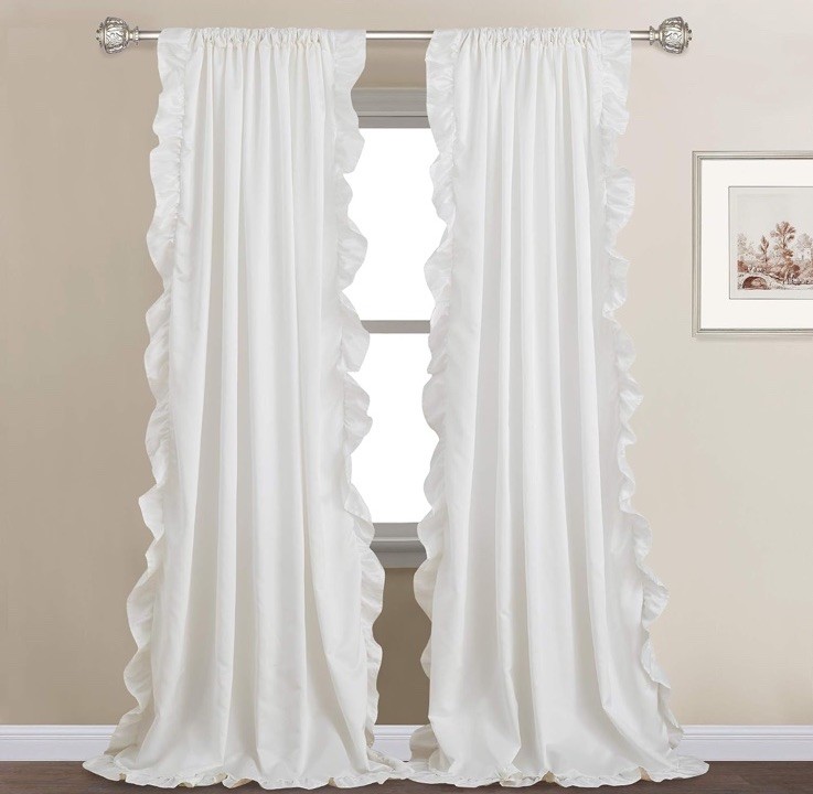 White Ruffle Curtains 52×84 Long 2 Panels, Premium Silky Satin Bedroom/living
