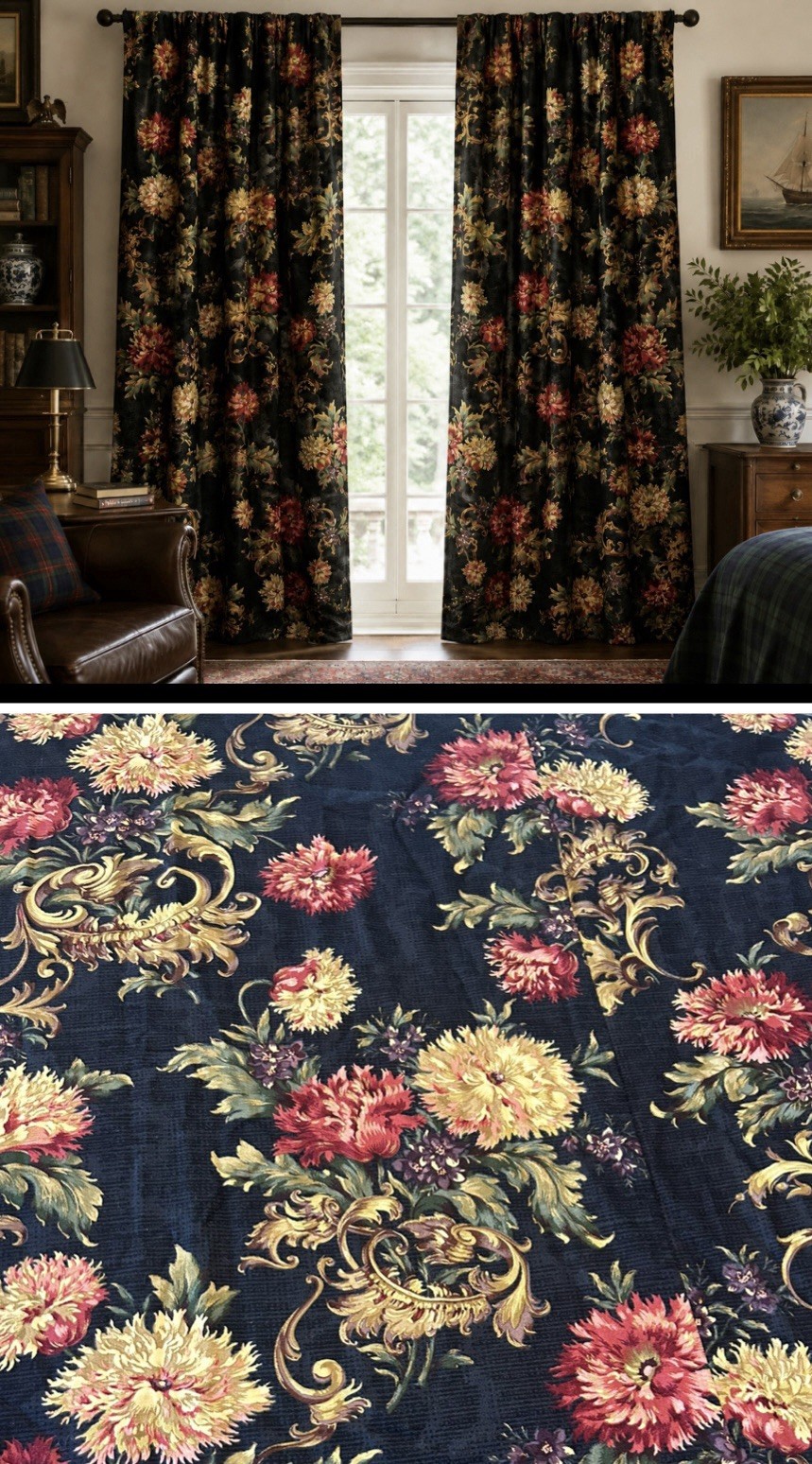 Custom Black Floral Drapes Pair 76 x 108 French Country Scroll Window Old Money