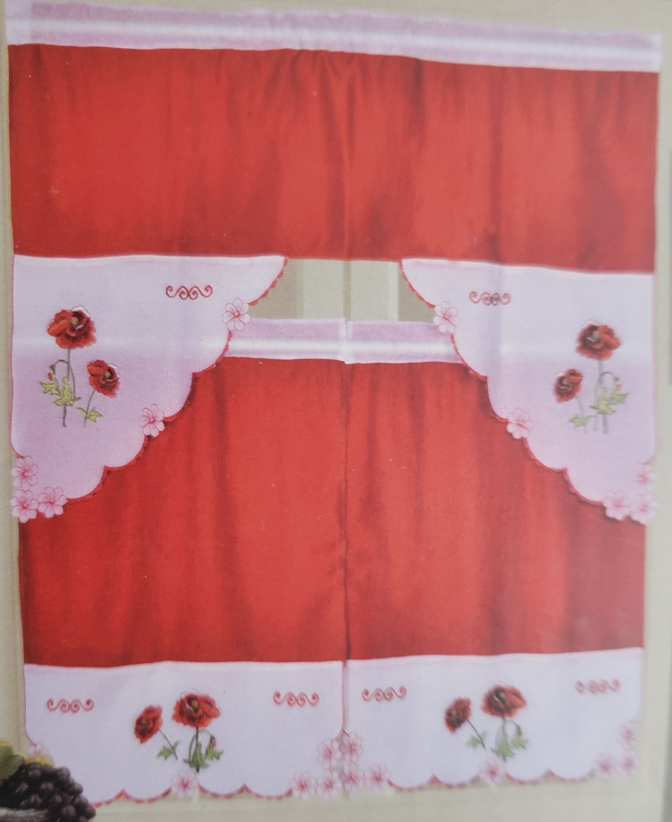 3pc. Embroidery Curtains Set: 2 Tiers & Swag(58″x36″) RED FLOWERS,DHALIA, Editex