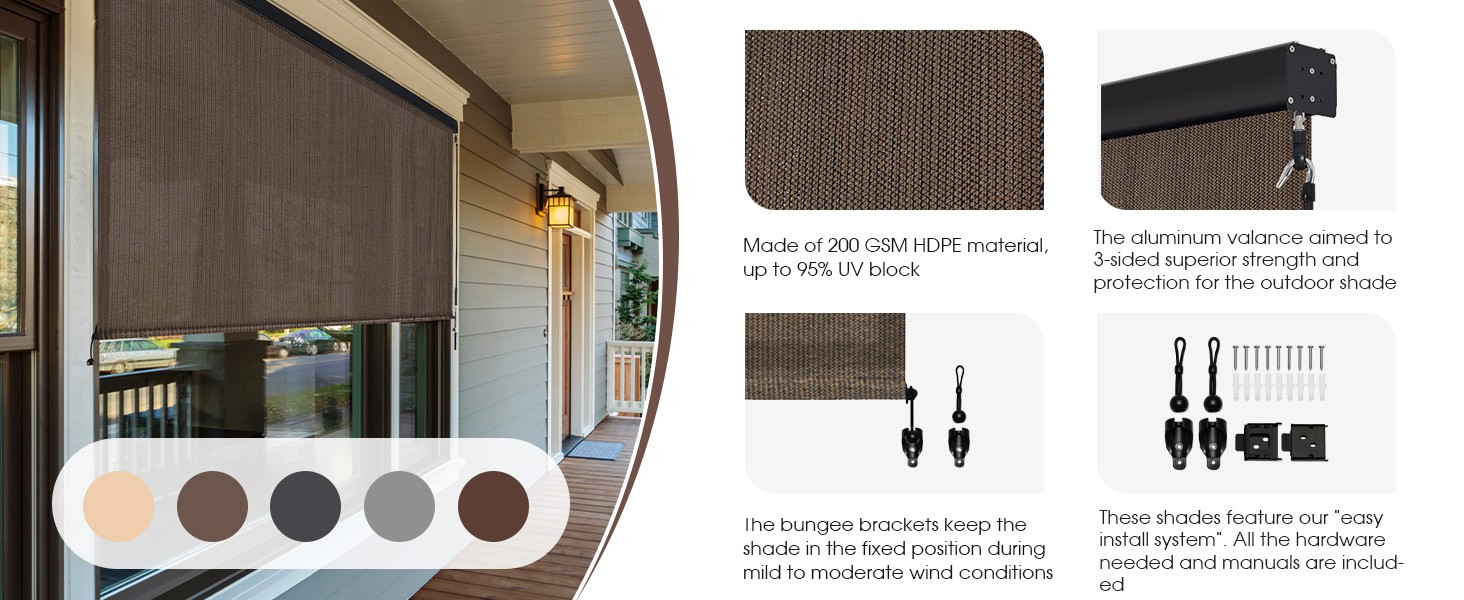 Outdoor Premium Roller Shades for Patio, Exterior Cordless Outdoor Blinds Porch