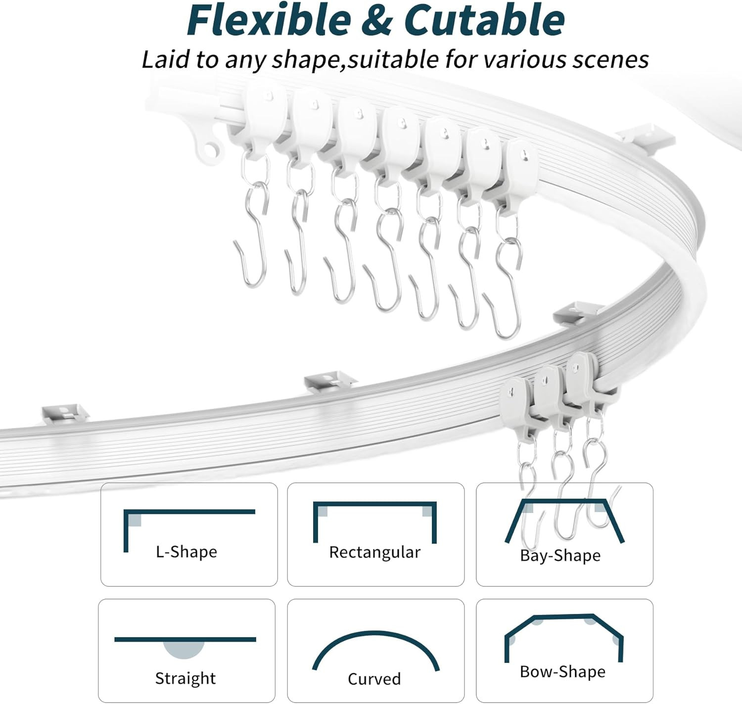 Flexible Bendable Ceiling Curtain Track, 9.8Ft Curved, PVC, Metal, Plastic