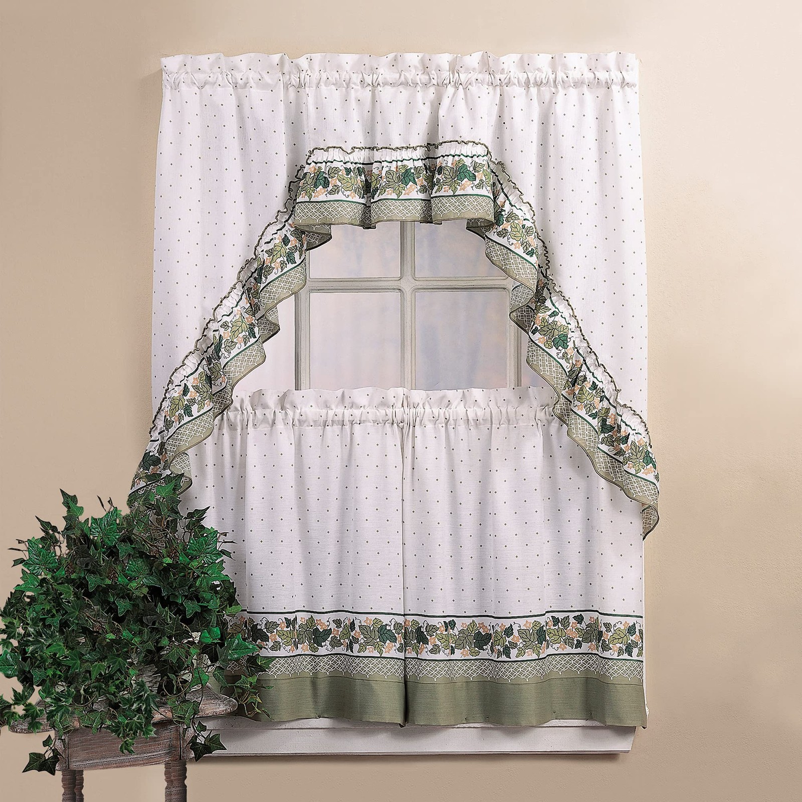 CHF & You Cottage Ivy Country Curtain Tier And Swag Set, Multi, 56-Inch X 36-…