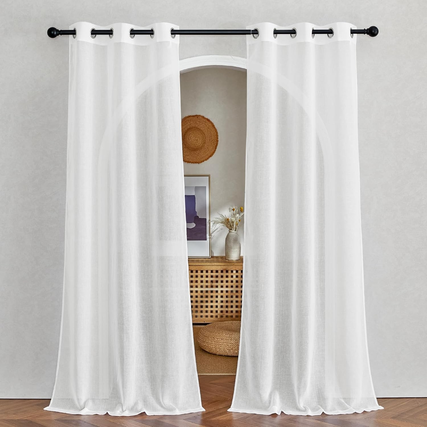 Natural Flax Sheer Linen Curtains Grommet Top Semitransparent Vertical Blinds