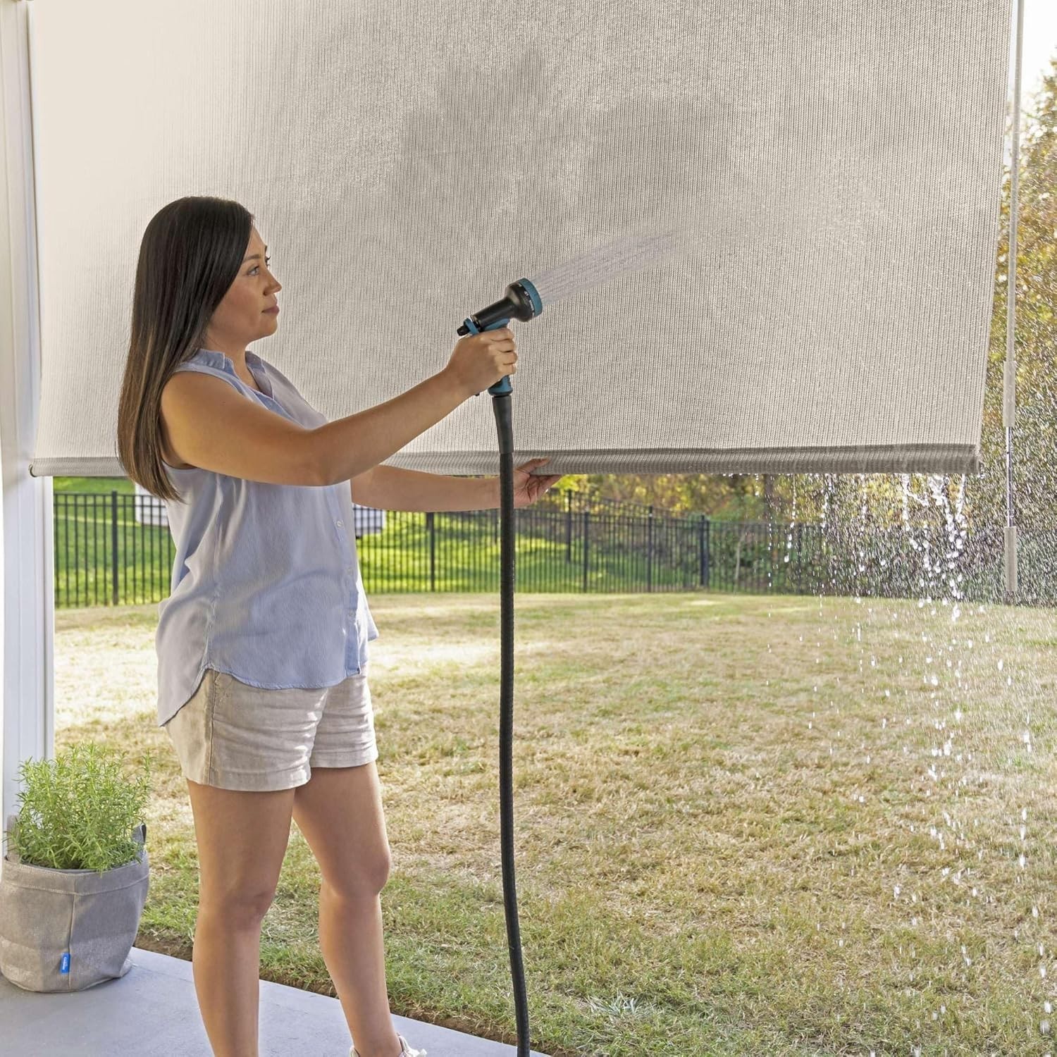 Breathable Outdoor Roller Shade with Wand – Fade-Resistant, Pebble, 8ft x 8ft