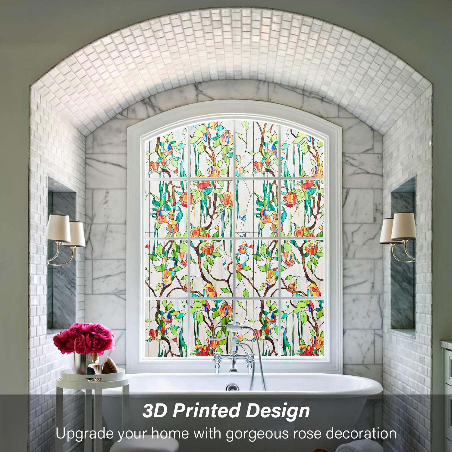 Window Privacy Film Stained Glass Faux 3D Rose Decorative UV Sun Blocking Sta…