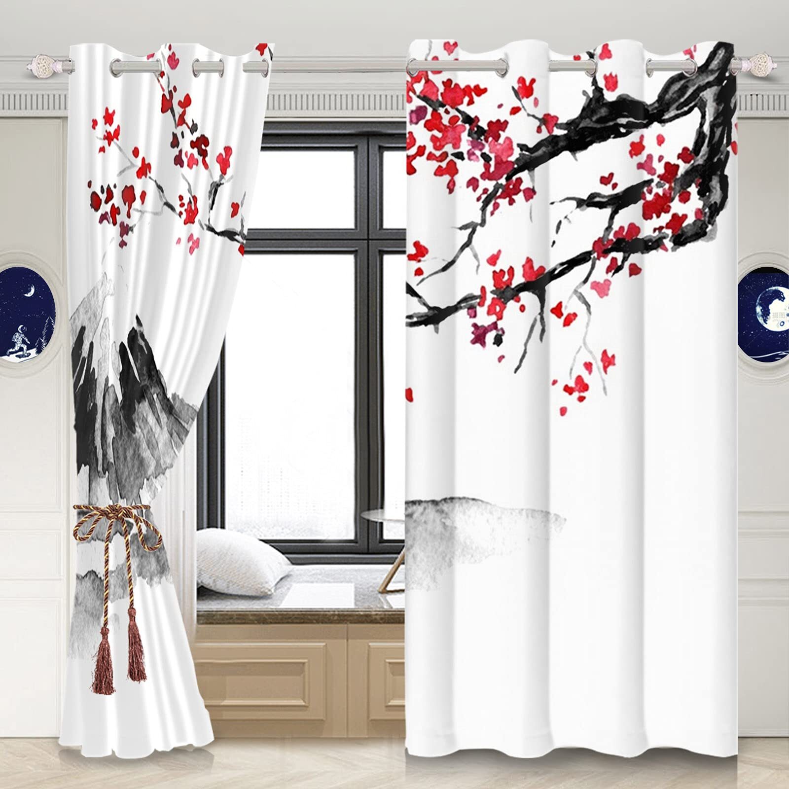 Red Plum Blossom Window Curtains Oriental Asian Chinese Traditional Ink Painting