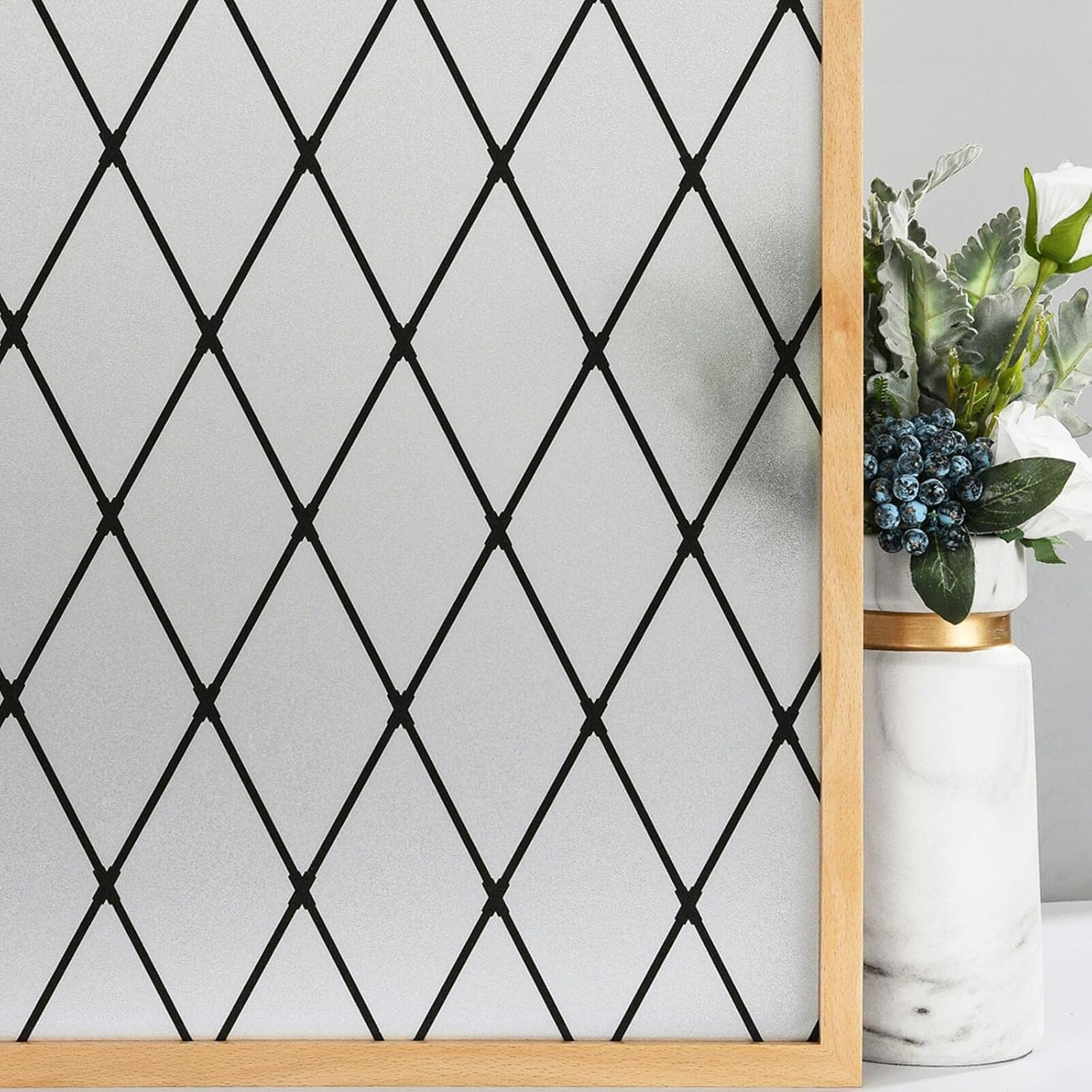 Frosted Black Lattice Window Film Static Cling Privacy Decorative Glass Vinyl
