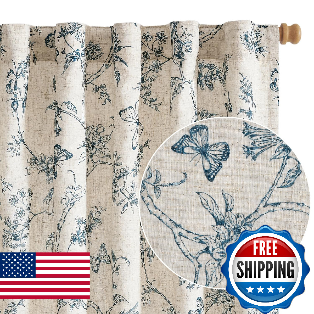 Lazzzy Charlotte Blue Floral Curtains 90 Inch Length Lined Linen Farmhouse Back