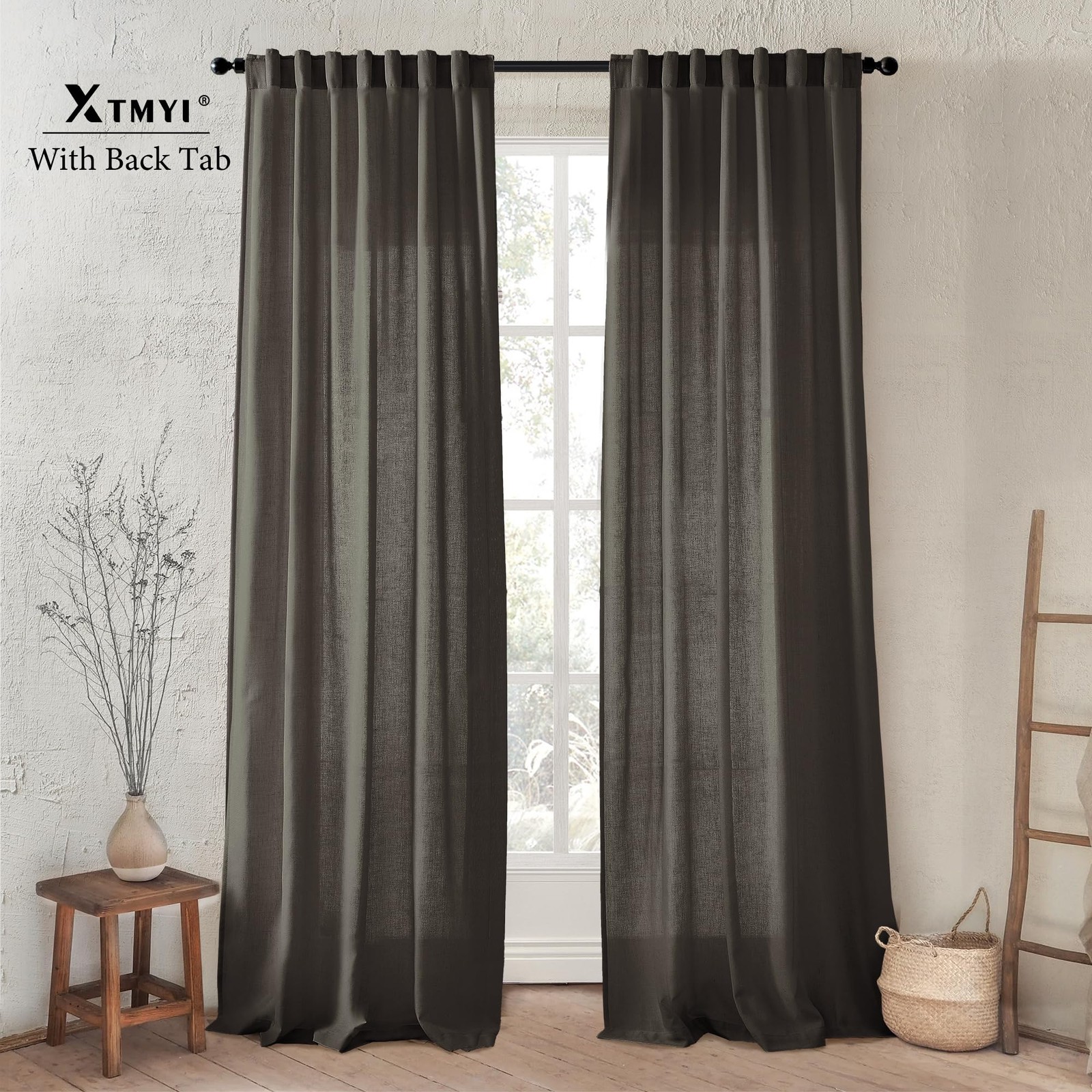 Chocolate Brown Curtains 96 Inches Long 2 Panel Set,Sheer Linen Pleated Back Tab