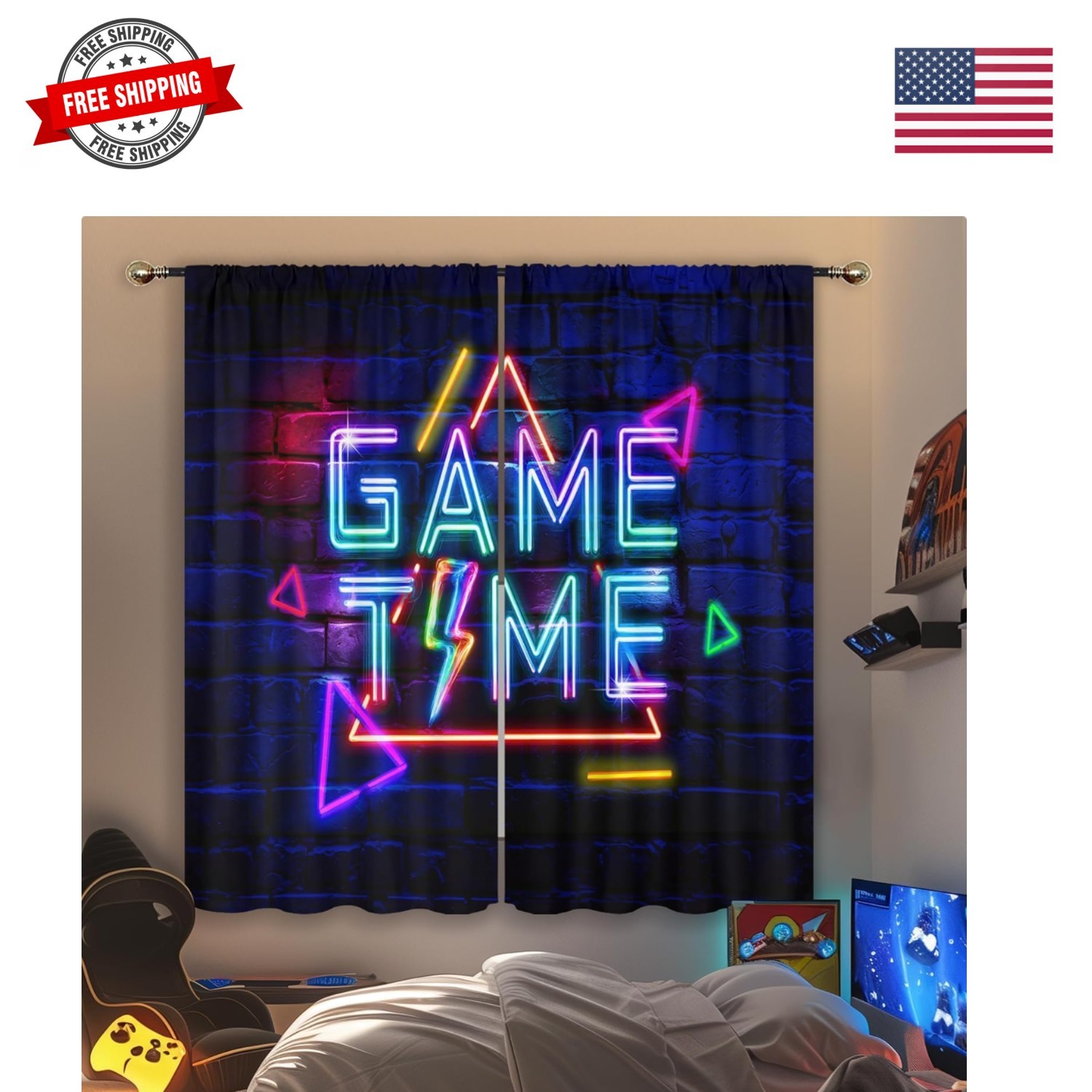Kids Neon Gaming Curtains for Boys Bedroom 42Wx63H Inch Rod Pocket Gamer Vide…