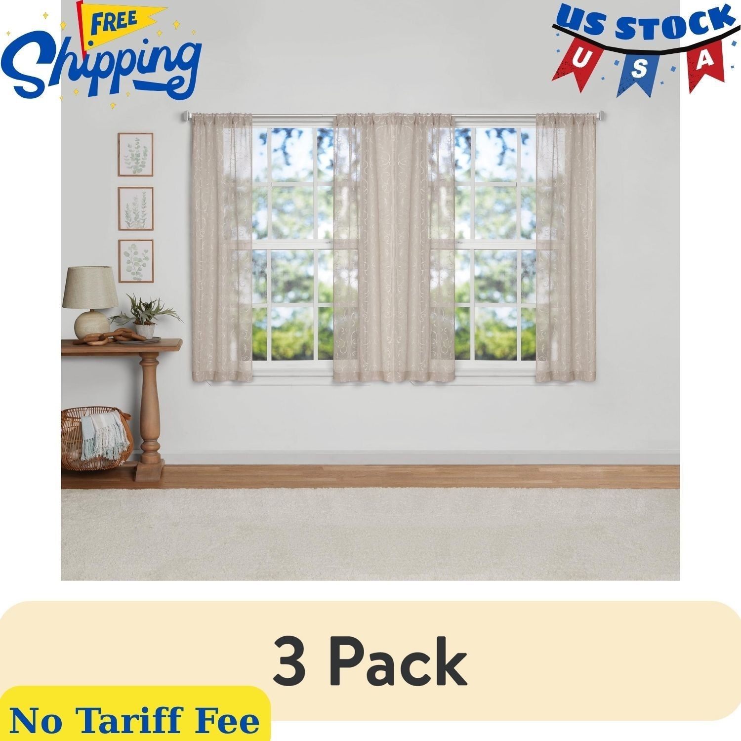 (3 pack) Modern Scroll Rod Pocket Sheer Curtains, Set of 4, Beige, 28″ W x 63″ L