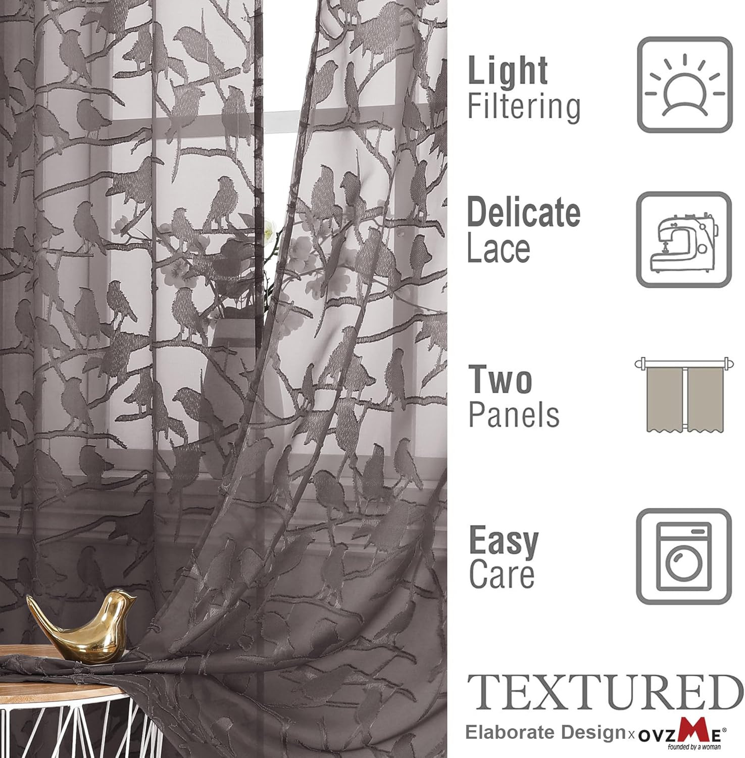 Anji Chocolate Brown Sheer Curtains 54 Inches Long 2 Panels Set for Living Room,