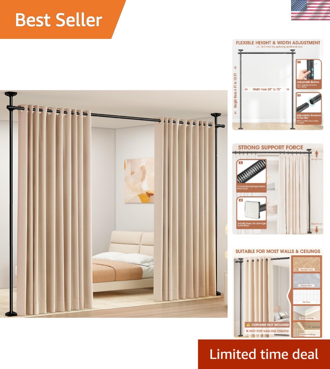 Room Divider Curtain Rod No Drill Adjustable Heavy Duty Tension Wall Separator