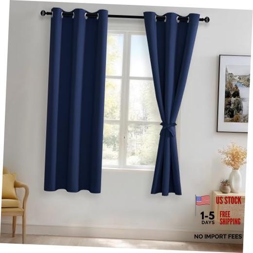Blackout Curtains with Tiebacks – Thermal 42″W x 63″L (Pack of 2) Navy Blue