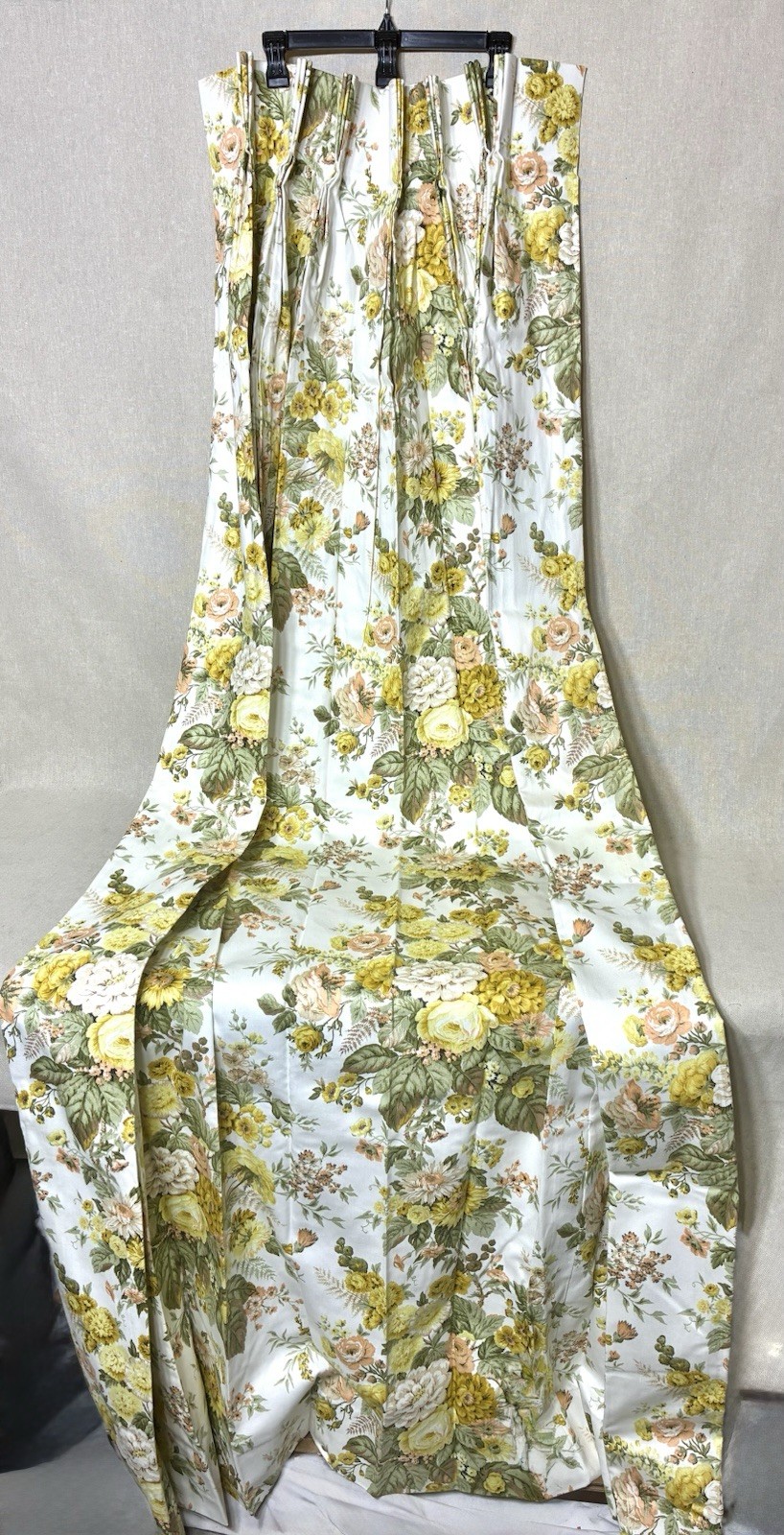 Vintage Waverly Floral Drapes 2 Panels Chintz Yellow Green Pinch Pleat 82×24 USA