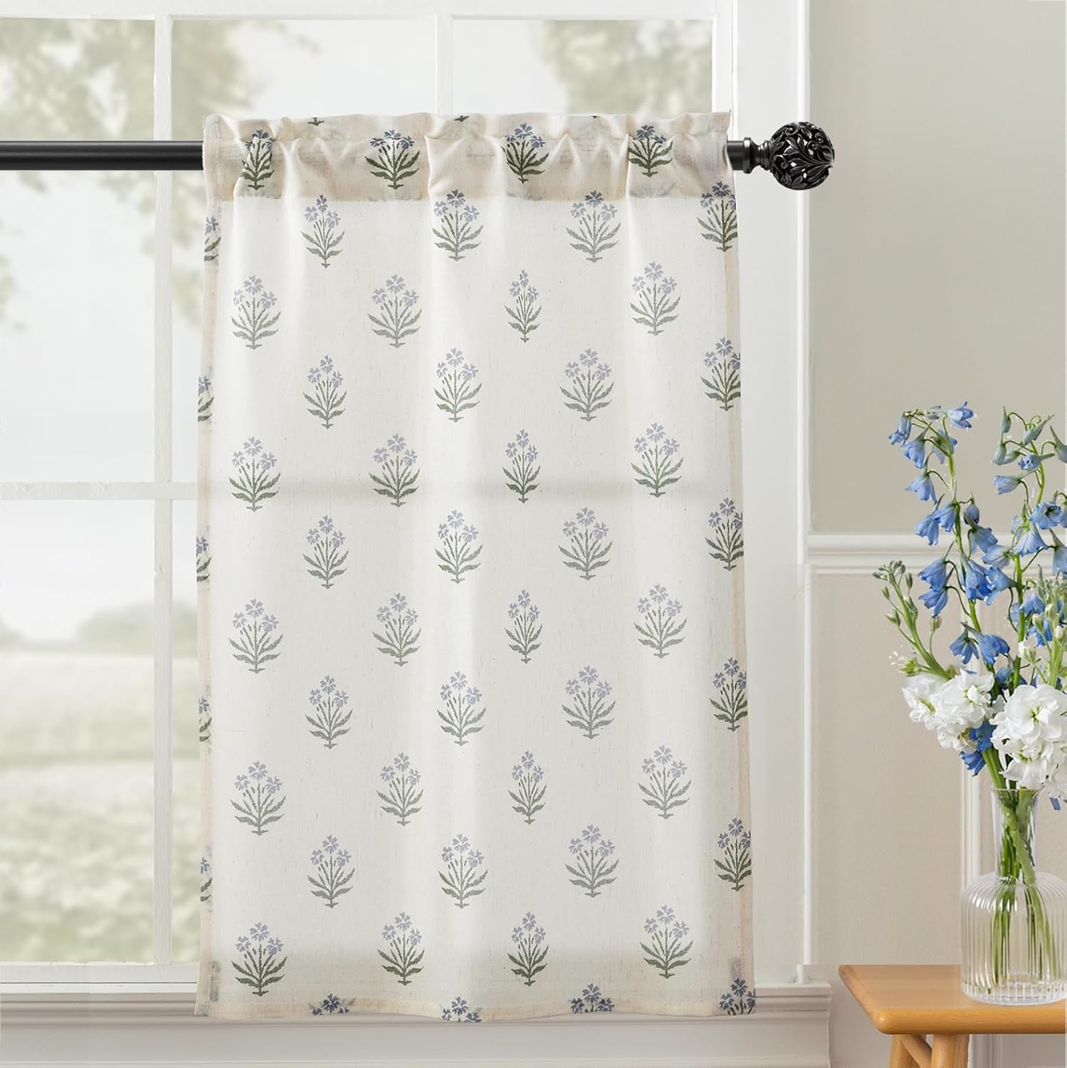 Short Door Curtains for Door Window,40 Inch Length Floral Patterned Linen Small