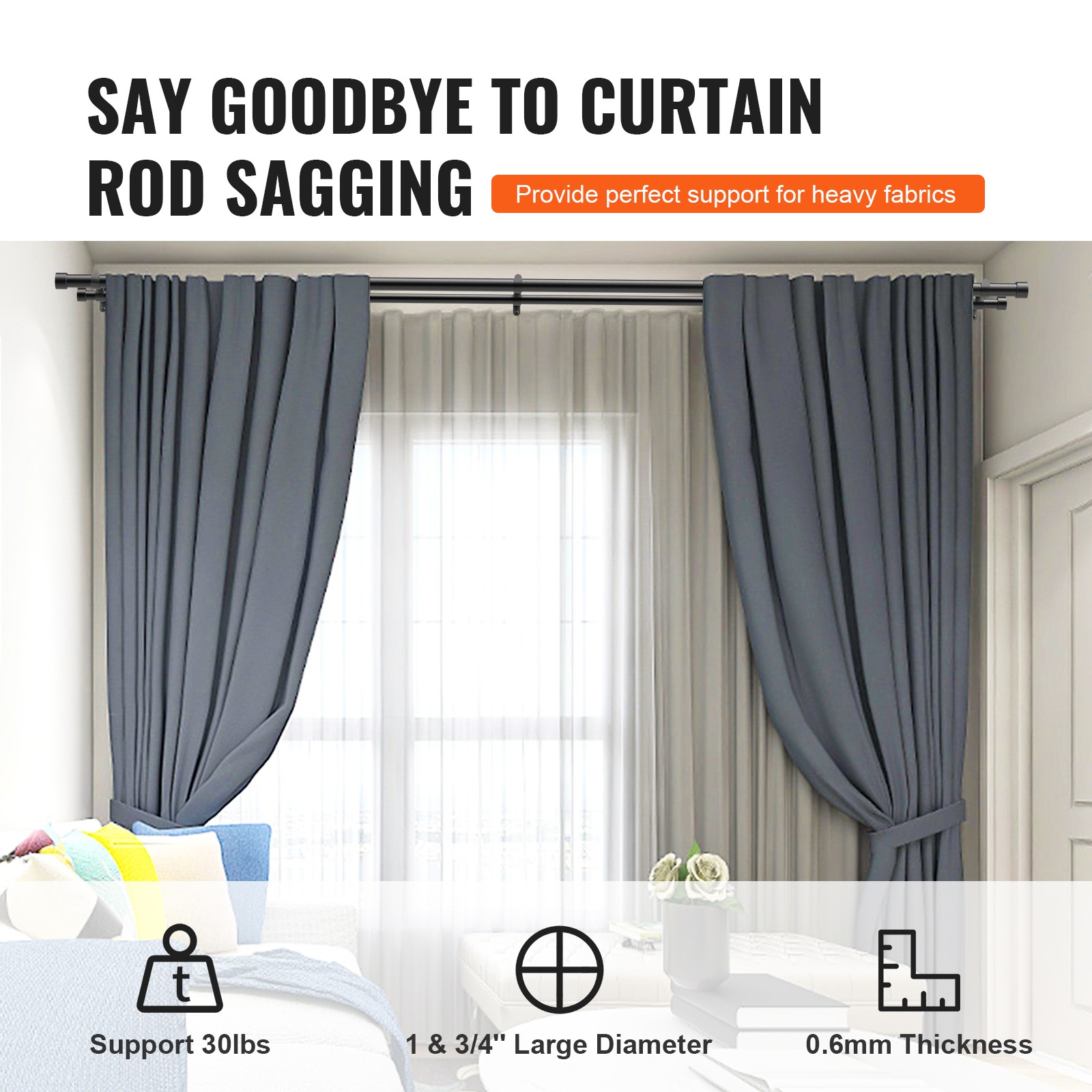 Uimoso Adjustable Double Curtain Rods with Cap Finials, 72-144 in Length
