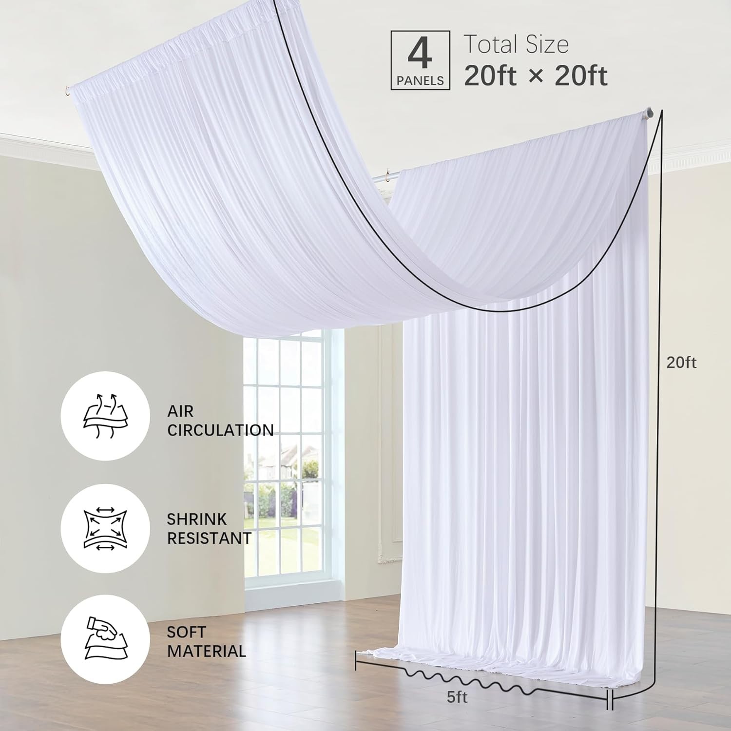 5ft(W) x 20ft(H) White Ceiling Drapes for Wedding Parties – 20 FT Extra Long Thi