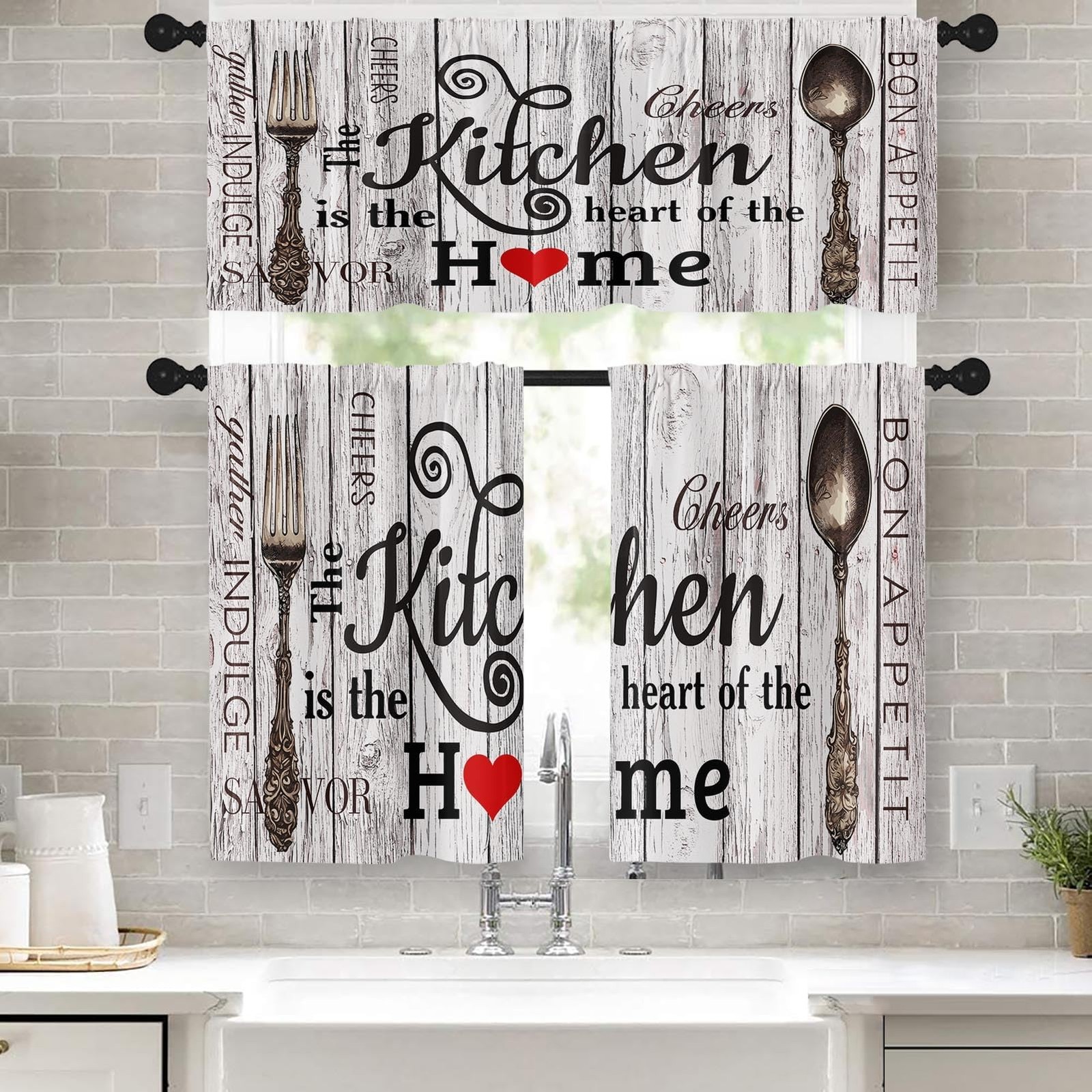 Farmhouse Rustic Kitchen Window Curtains Valance and Tier Set, Country Rod Po…