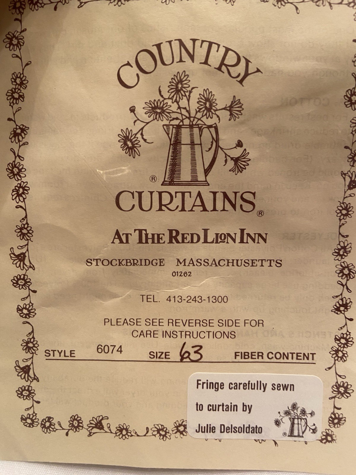 Vtg Country Curtain At The Red Lion Inn French Panel White USA New 63”