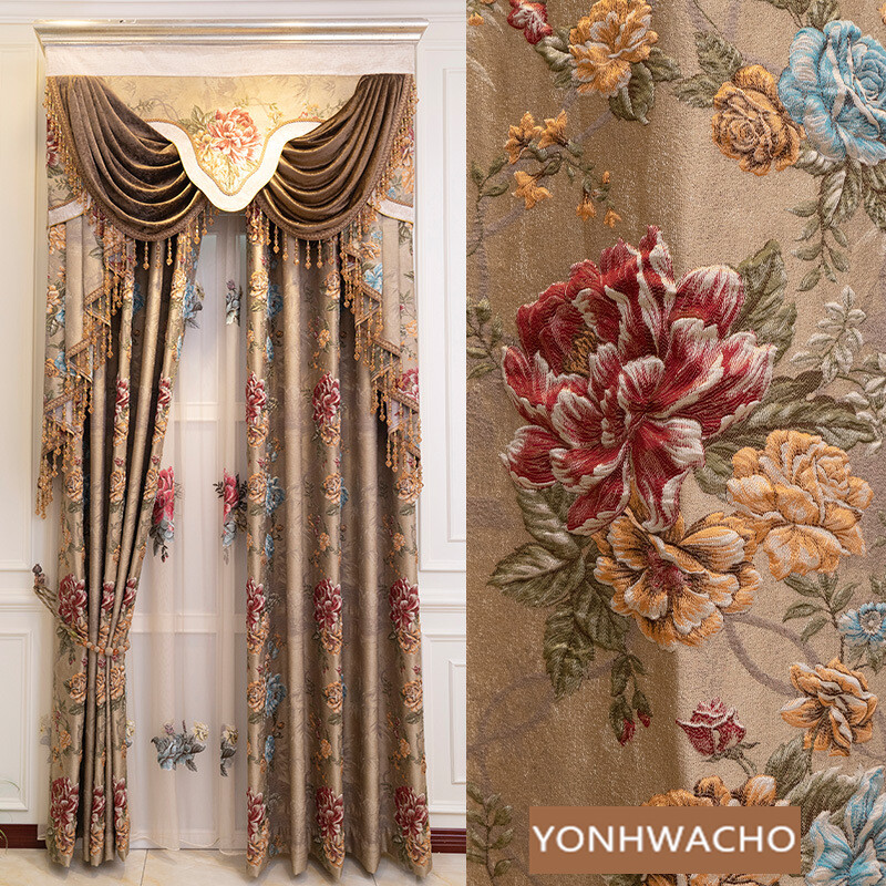 luxury European bedroom thick coffee cloth blackout curtain valance drape C1601